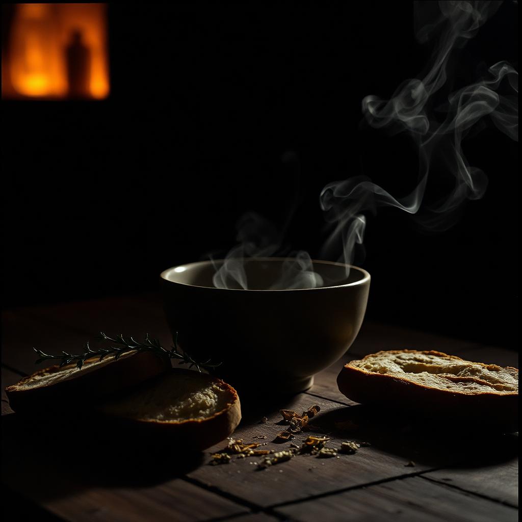 Dampfende Schale mit Brot und Kräutern im warmen Seitenlicht
